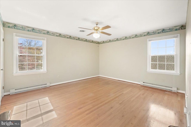 empty room featuring light wood-type flooring, a baseboard radiator, and plenty of natural light