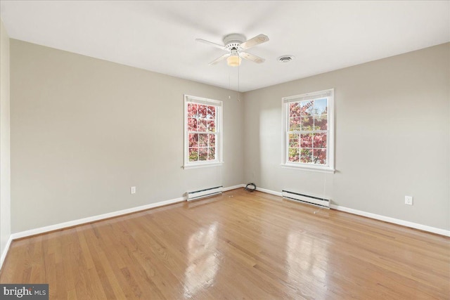 unfurnished room featuring light hardwood / wood-style flooring, a baseboard heating unit, and ceiling fan