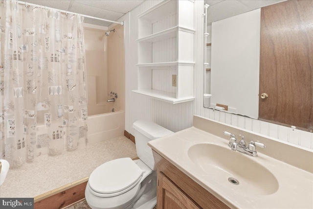 full bathroom with toilet, vanity, and shower / bath combination with curtain