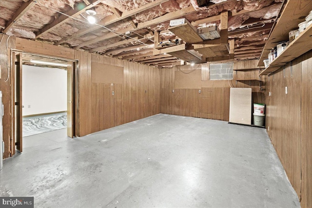 basement featuring wooden walls