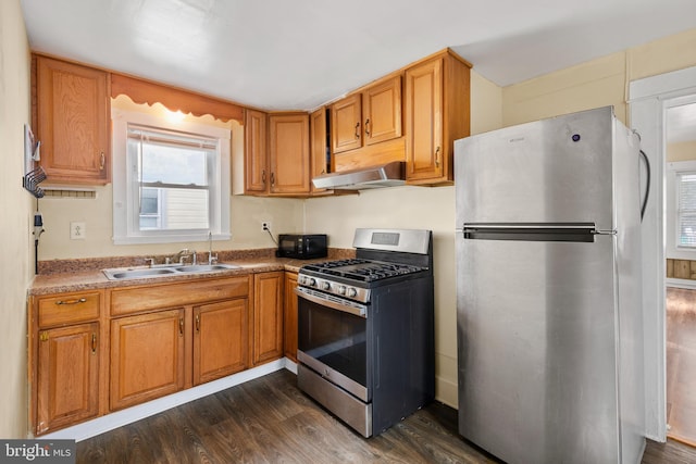 kitchen with dark wood-type flooring, stainless steel appliances, sink, and exhaust hood