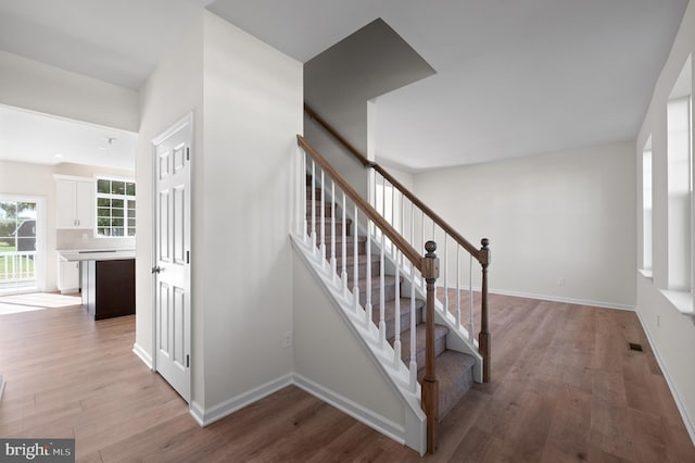 stairway with hardwood / wood-style floors