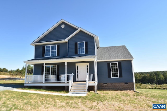 view of front of property featuring covered porch and a front yard