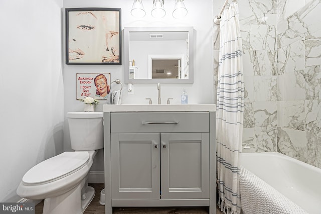 full bathroom with visible vents, toilet, vanity, and shower / bathtub combination with curtain