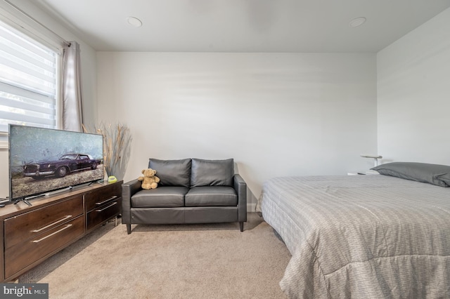 bedroom with light carpet