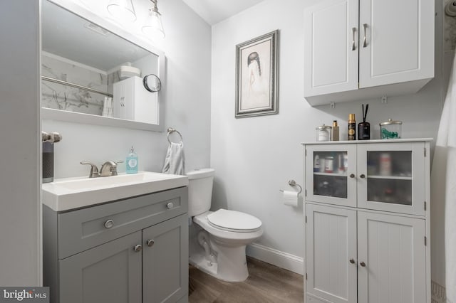 bathroom with toilet, vanity, wood-type flooring, and a shower with shower curtain