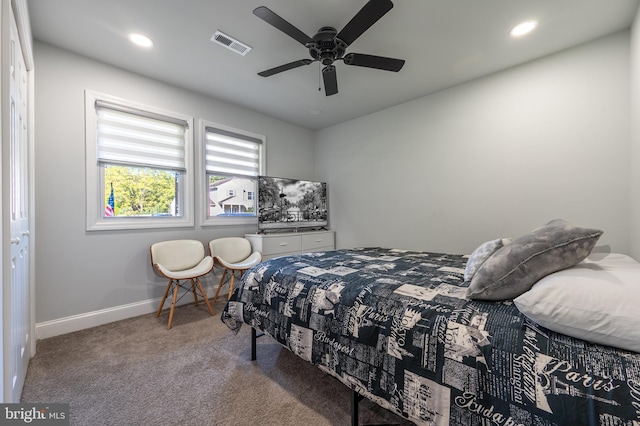 carpeted bedroom with recessed lighting, visible vents, baseboards, and ceiling fan