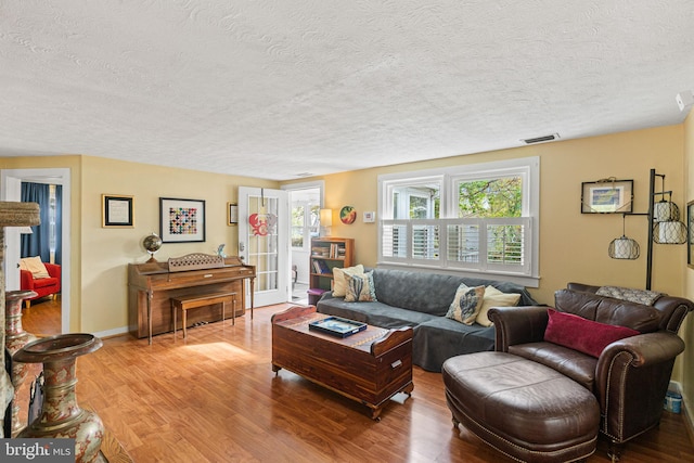 living room with a textured ceiling and hardwood / wood-style flooring