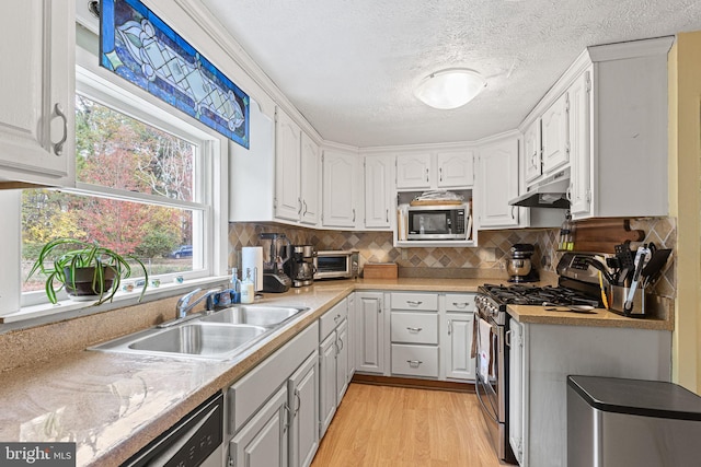 kitchen featuring stainless steel appliances, white cabinetry, a textured ceiling, sink, and light hardwood / wood-style flooring