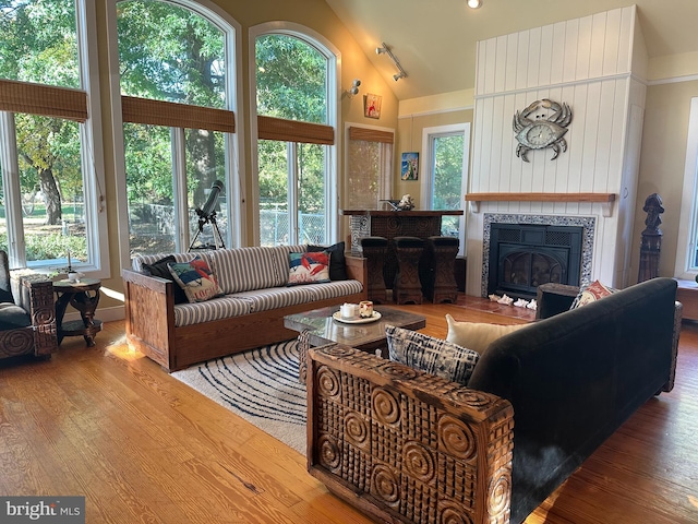 living room with hardwood / wood-style floors, a healthy amount of sunlight, a tile fireplace, and high vaulted ceiling