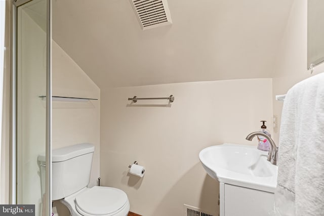 bathroom featuring toilet, vanity, vaulted ceiling, and walk in shower