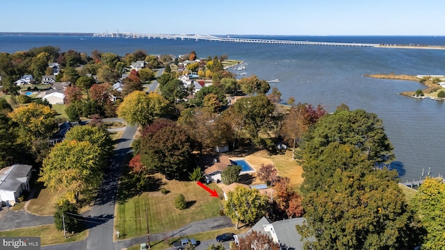 drone / aerial view with a water view