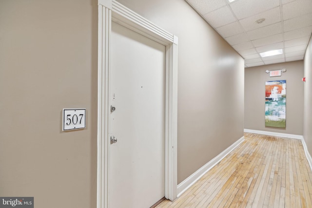 corridor featuring a drop ceiling and light hardwood / wood-style floors