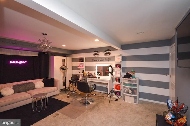 interior space with beamed ceiling, an inviting chandelier, and light colored carpet