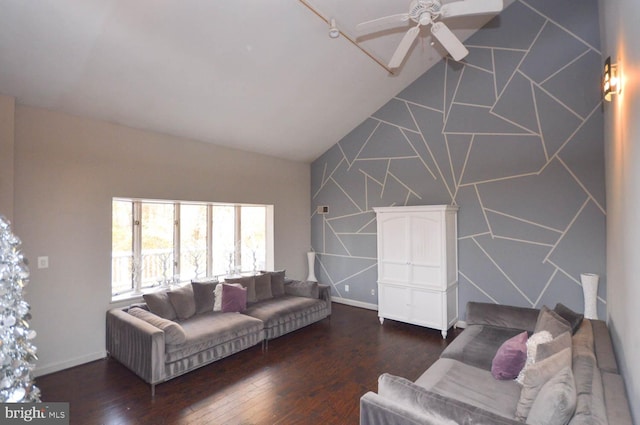 living room featuring dark wood-type flooring, ceiling fan, and lofted ceiling