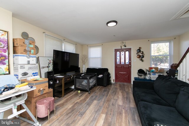 living room featuring dark wood-type flooring