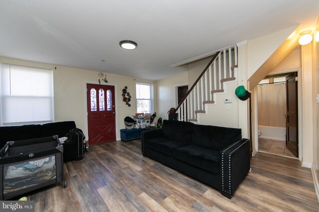 living room with dark wood-type flooring