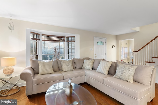 living room featuring dark wood-type flooring