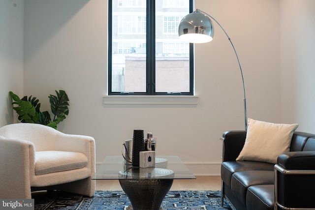 living area featuring a wealth of natural light and hardwood / wood-style flooring