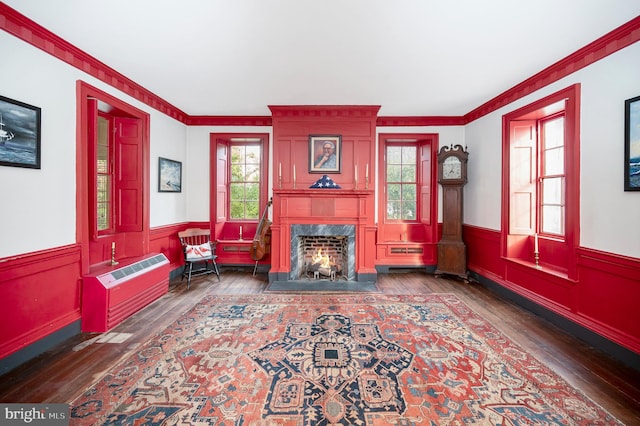 living room featuring crown molding, a wealth of natural light, and dark hardwood / wood-style flooring