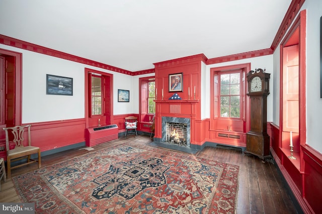 living room featuring ornamental molding and dark hardwood / wood-style floors