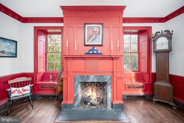 sitting room featuring ornamental molding, dark hardwood / wood-style floors, and a wealth of natural light