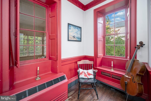 living area with crown molding, radiator heating unit, and dark wood-type flooring