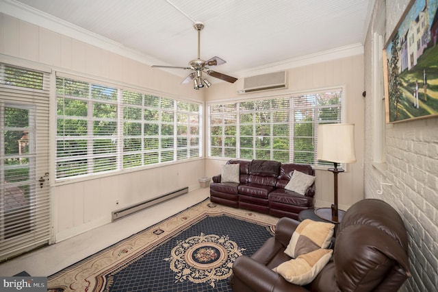 sunroom featuring an AC wall unit, a baseboard heating unit, and ceiling fan