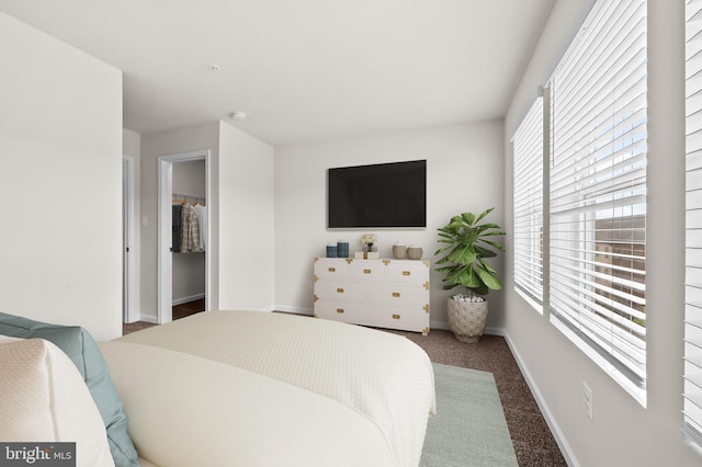 bedroom featuring dark carpet