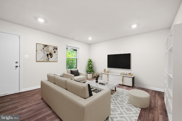 living room with dark hardwood / wood-style flooring