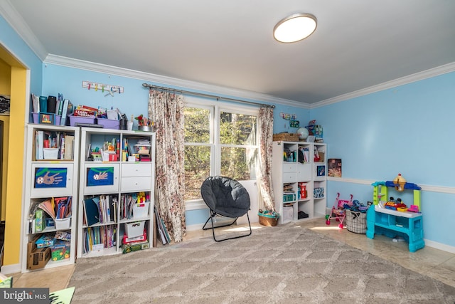 recreation room featuring ornamental molding