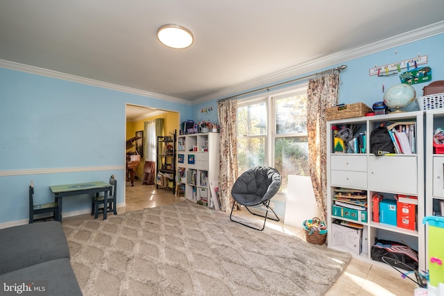 interior space featuring light tile patterned floors and ornamental molding