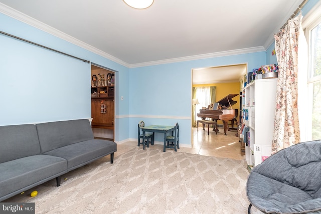 living room featuring light colored carpet and ornamental molding