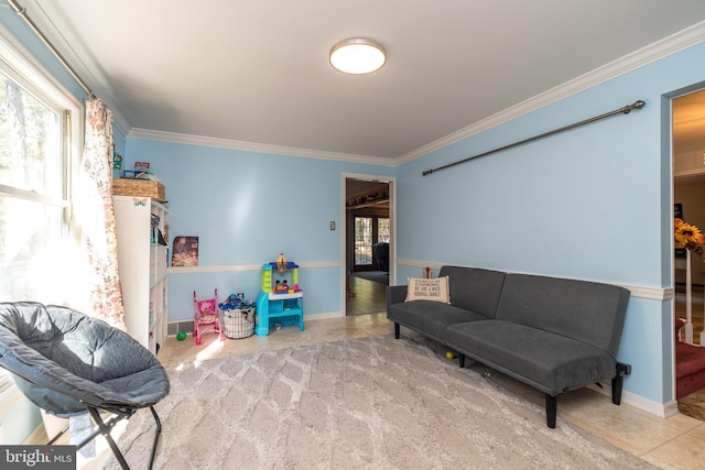 interior space featuring tile patterned flooring and ornamental molding