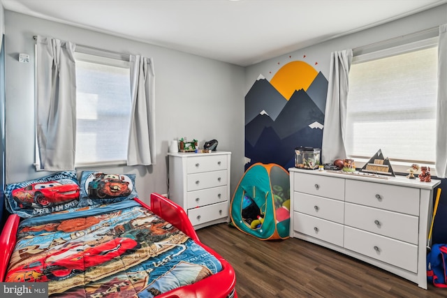 bedroom with dark hardwood / wood-style flooring