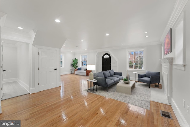 living room featuring crown molding and light hardwood / wood-style floors