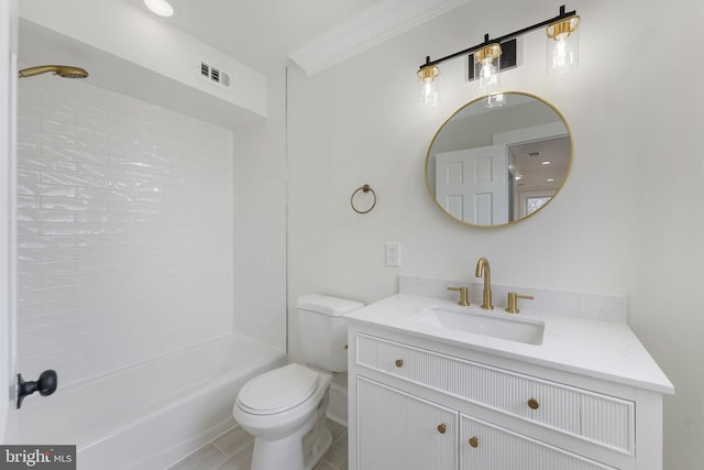 full bathroom featuring vanity, shower / bathing tub combination, ornamental molding, and toilet