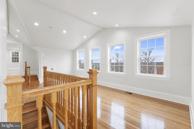 hall with vaulted ceiling, a wealth of natural light, and light hardwood / wood-style floors