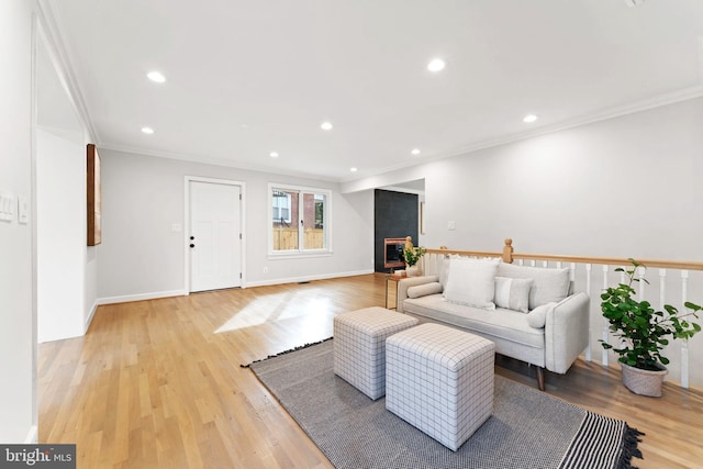 living room with ornamental molding, light hardwood / wood-style flooring, and a fireplace