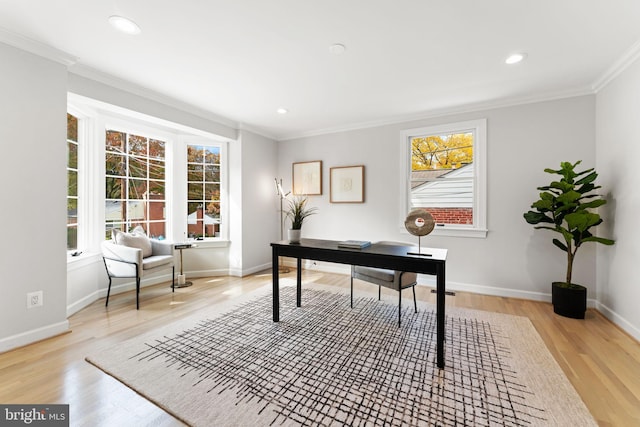 office featuring light hardwood / wood-style floors and crown molding