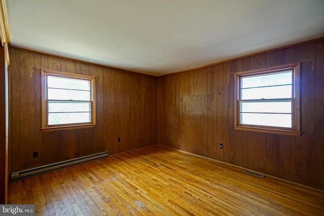 unfurnished room featuring light hardwood / wood-style floors, wood walls, and baseboard heating