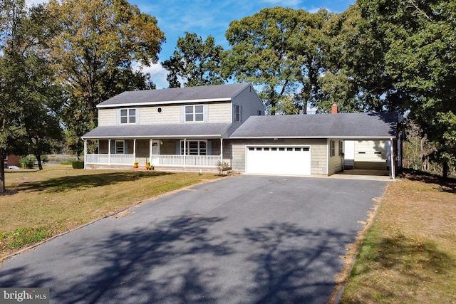 view of front of house with a garage, a front lawn, and a porch