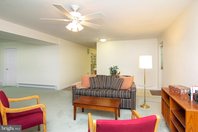 carpeted living room featuring ceiling fan and a baseboard radiator