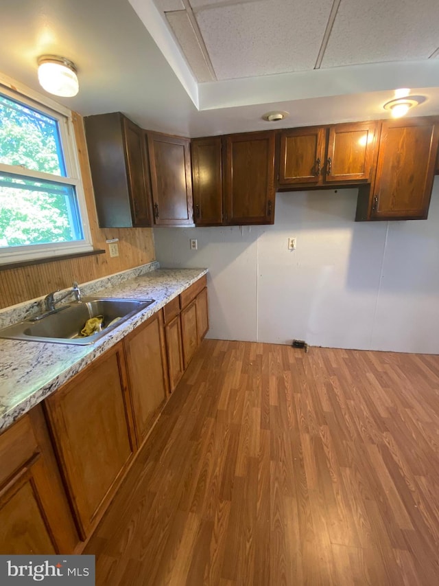 kitchen with sink, light hardwood / wood-style flooring, and light stone counters