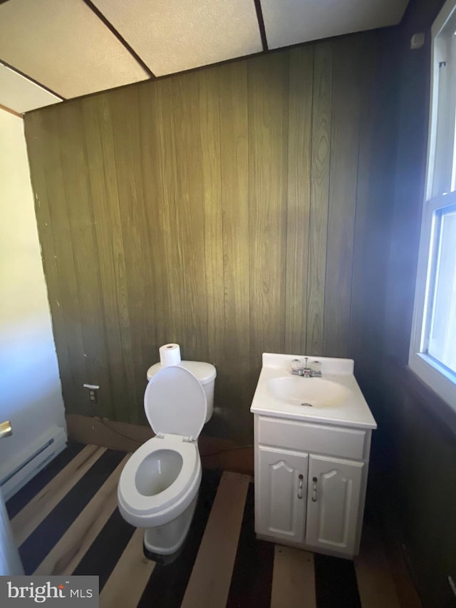 bathroom featuring vanity, wooden walls, and toilet