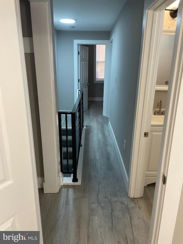 hallway with dark wood-type flooring and sink