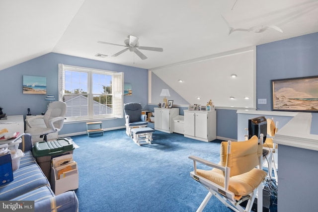 carpeted living room featuring lofted ceiling and ceiling fan