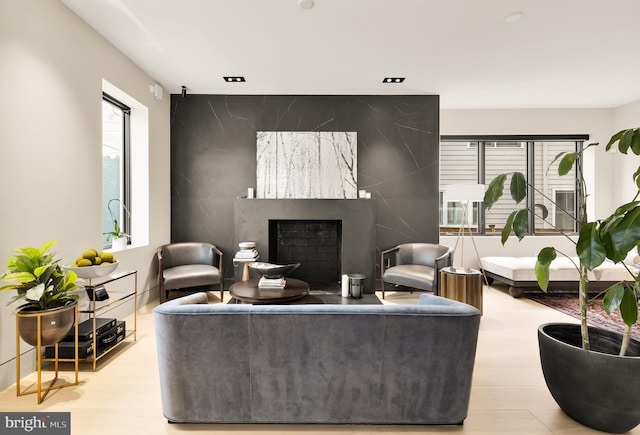 living room featuring a fireplace and light hardwood / wood-style floors