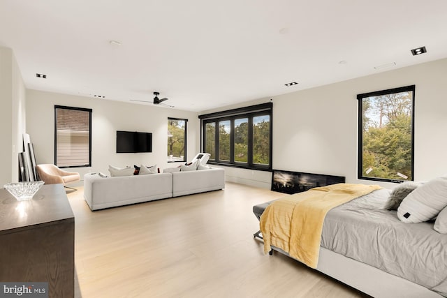 bedroom featuring light hardwood / wood-style floors and multiple windows