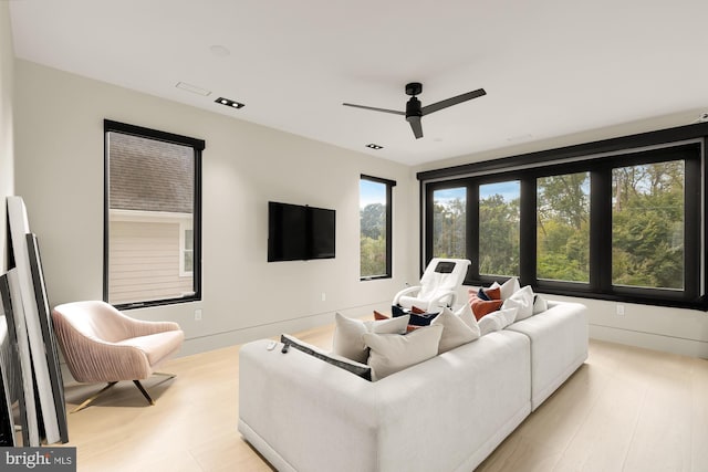 living room with ceiling fan and light wood-type flooring